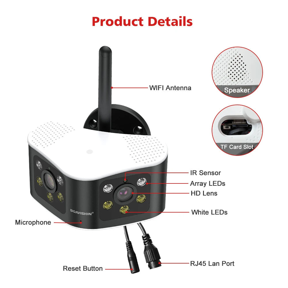 BOAVISION Outdoor 4K 8MP 180° Ultra Wide View Angle Panoramic WIFI Dual Lens Fixed IP Camera AI Human Detection Security Cam