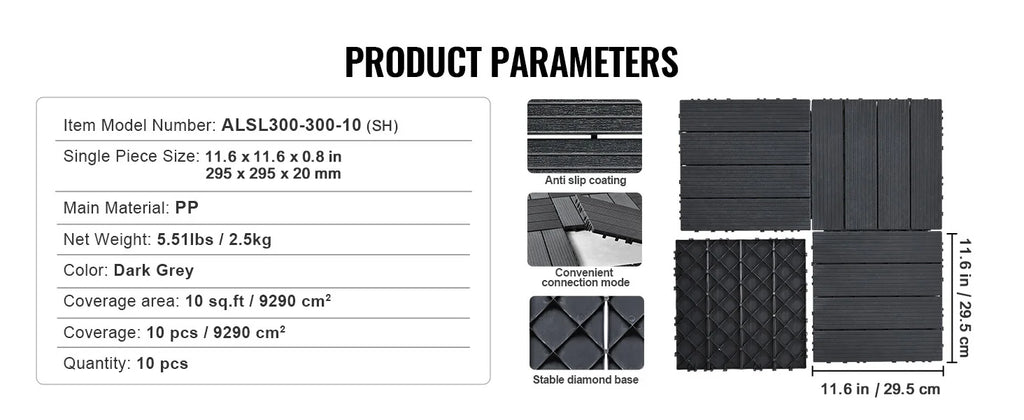 SucceBuy  Interlocking Deck Tiles Plastic Waterproof Outdoor Flooring All Weather Use Patio Floor for Porch Poolside Dark Grey