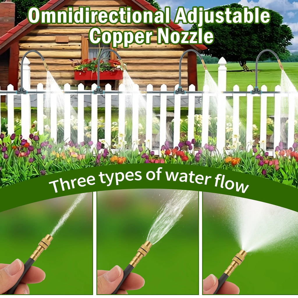 Adjustable copper drip nozzles releasing fan-shaped water spray for garden beds.