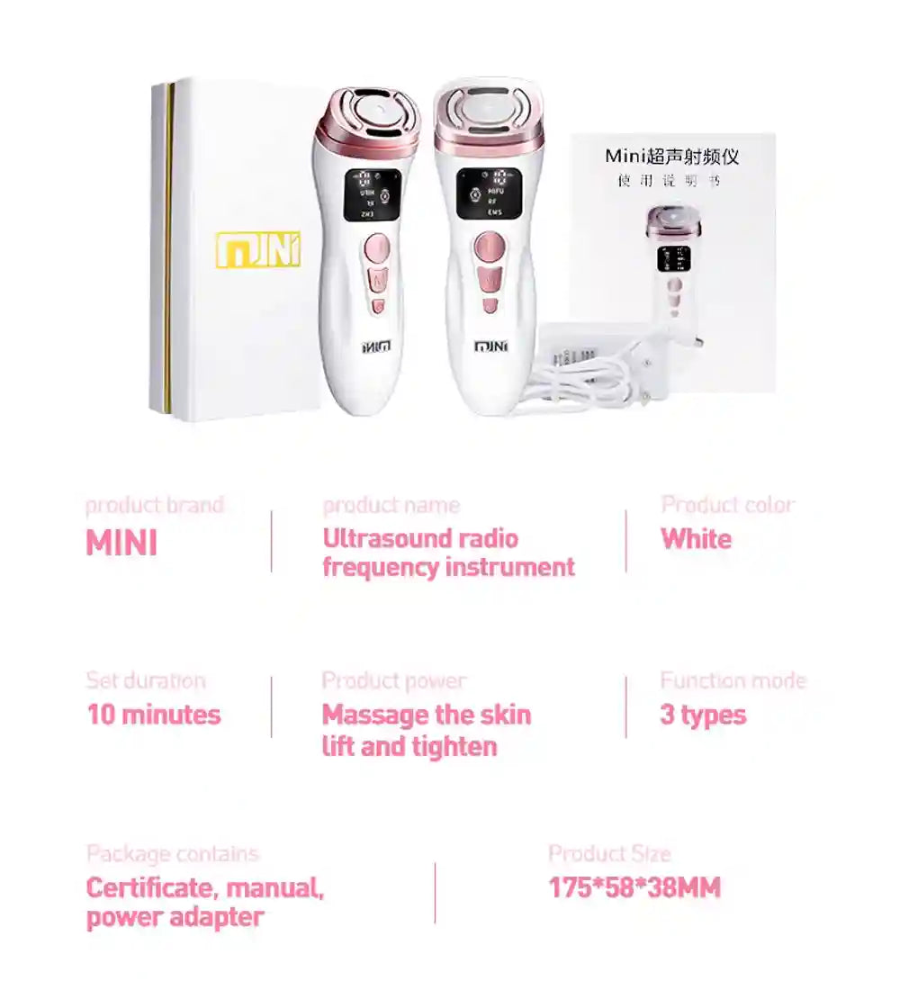 Two white and rose-gold handheld facial beauty devices with digital displays, a power cord, and a manual in a box.