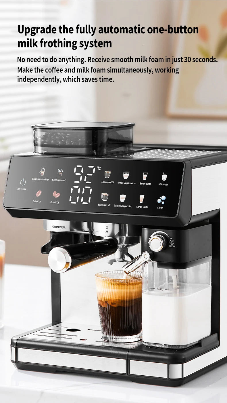 Black and silver automatic espresso machine with built-in bean grinder, milk frother, and digital touch display.