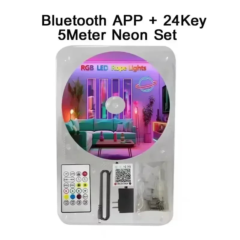 Bluetooth app neon rope light kit, 5m RGB LED strip with remote, power adapter, and accessories