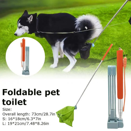 Foldable pet waste scoop grabber for yards with orange handle, gray-blue body, green bag