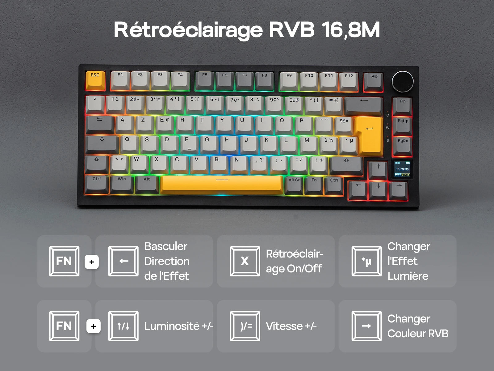 ISO-FR Layout EPOMAKER X AJAZZ AK820 PRO 75% AZERTY French Gasket Wired/Bluetooth/2.4GHz Wireless Mechanical Keyboard with Interactive TFT & 4000mAh
