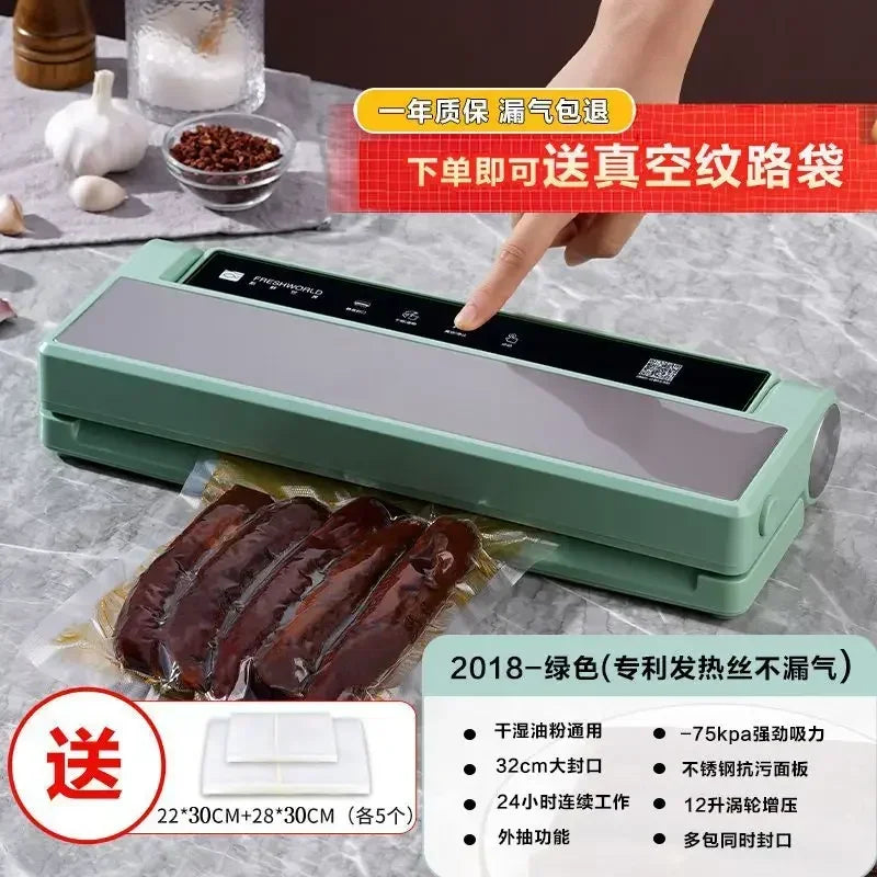 Automatic vacuum sealer beside sealed meat in a vacuum bag, green and white body.