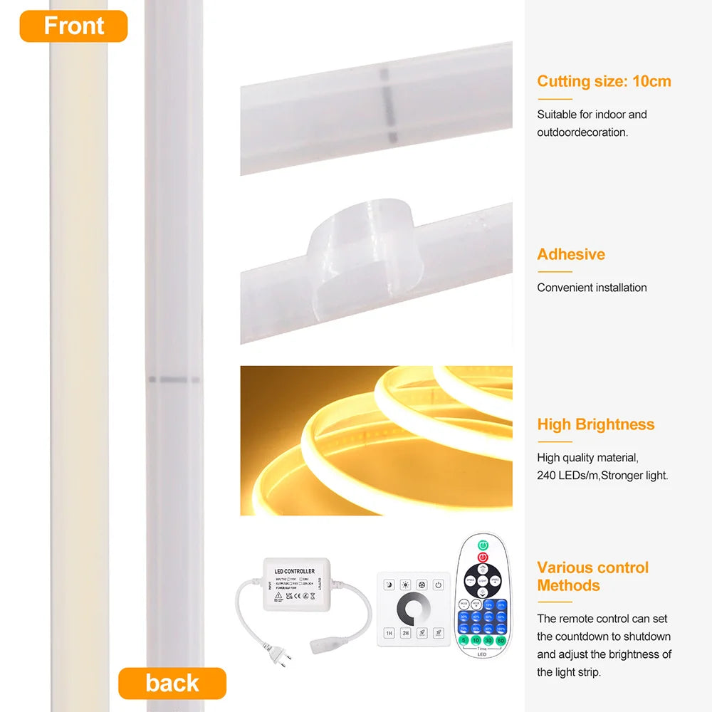 Wifi Bluetooth COB LED Neon Strip Light Wall Touch 23key Remote Control 220V Dimmer Power Kit 5m 10m 20m 0.5m 240LED/m Flex Lamp