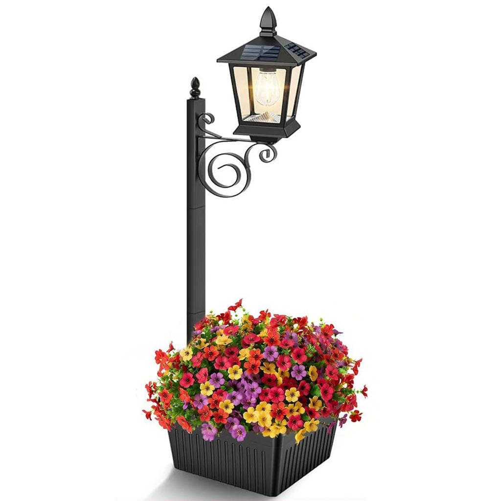 2 In 1 Outdoor Flower Pots Light with Planter Freestanding Planters Lamp Decorative Solar Lamp for Outside/Front Door/Yard/Lawn