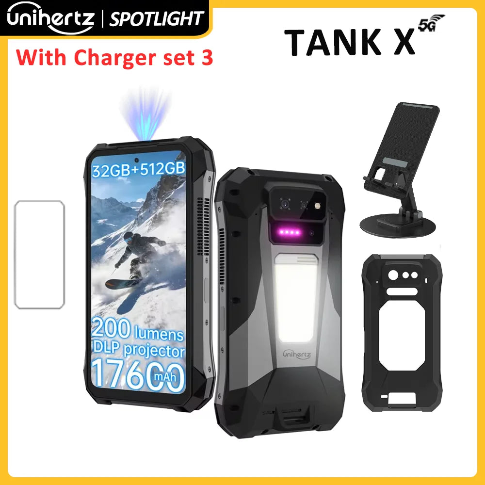 Unihertz TANK X 5G rugged phone with built-in projector, 17600mAh battery, 32GB/512GB, camera, and charging set.
