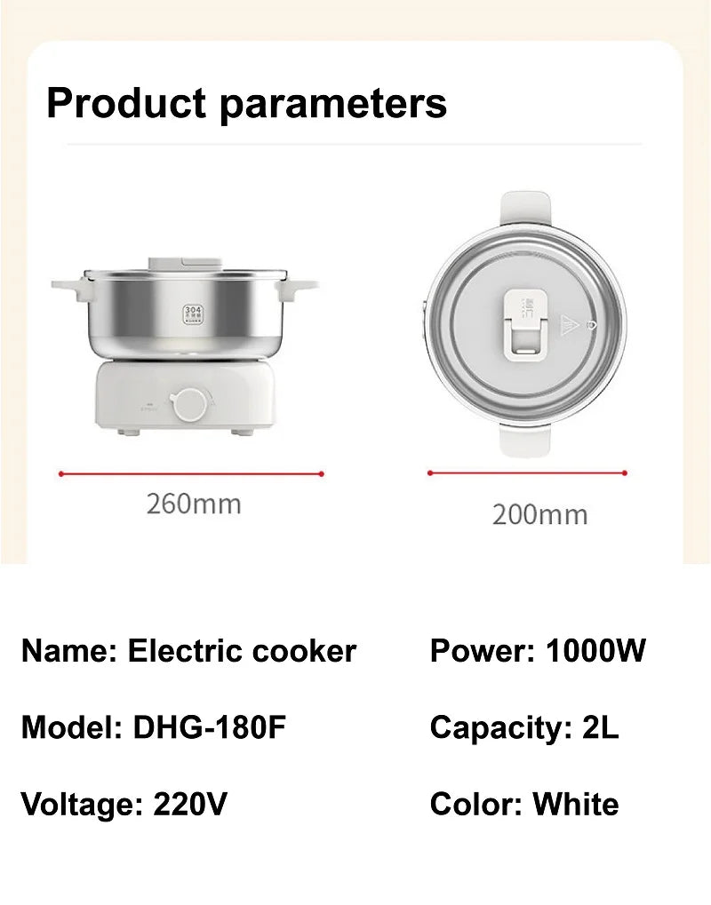 White electric cooking pot shown with lid, size views, and power specifications