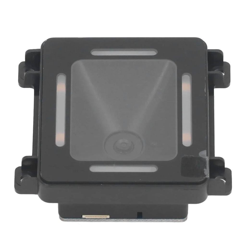 Black fixed-mount 2D barcode reader module, front view with scan window and side tabs