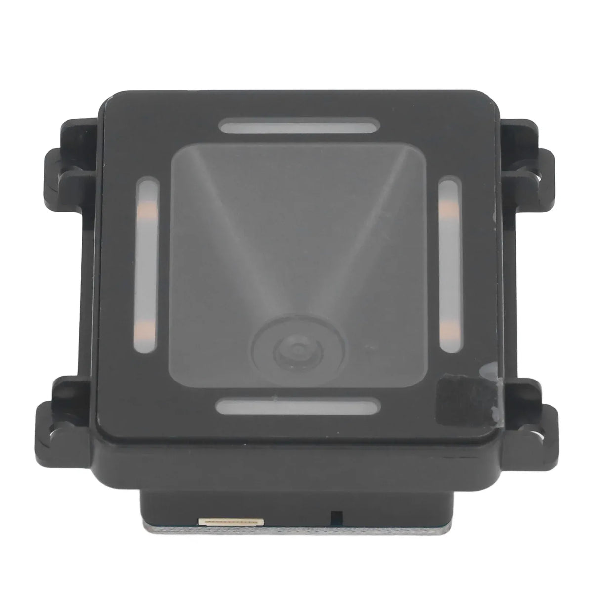 Black embedded 2D barcode reader module, front window with indicator lens and side supports.