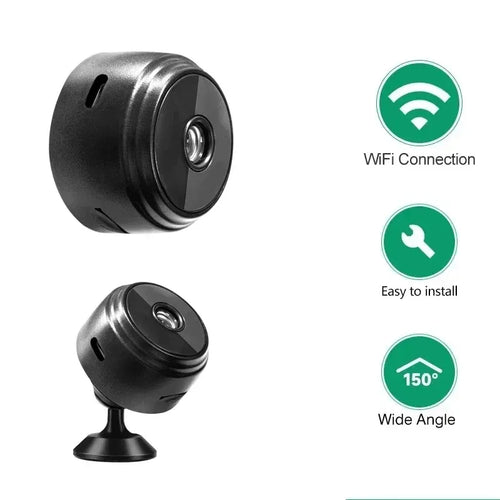 Black mini WiFi security camera shown from side and front angles on stand