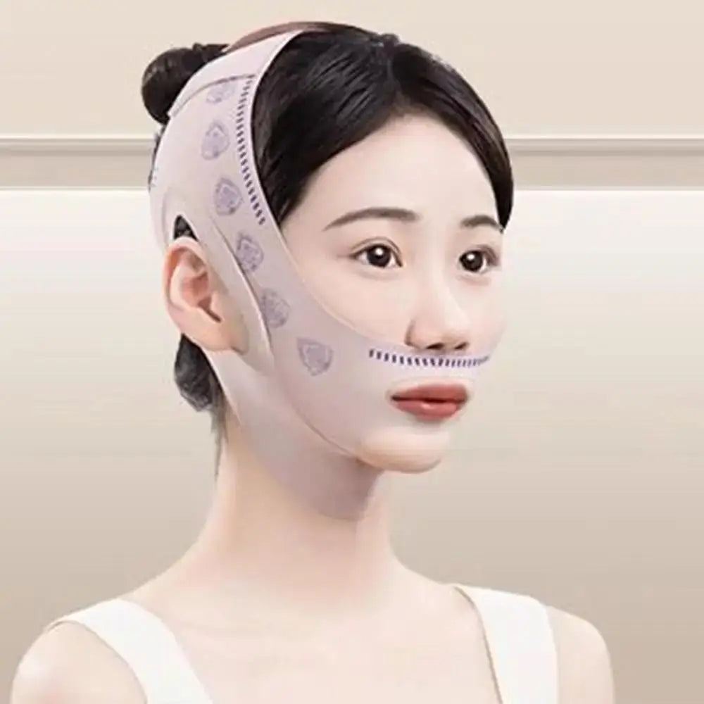 Woman wearing a beige, breathable elastic face sculpting mask to lift and tighten the chin and jawline.