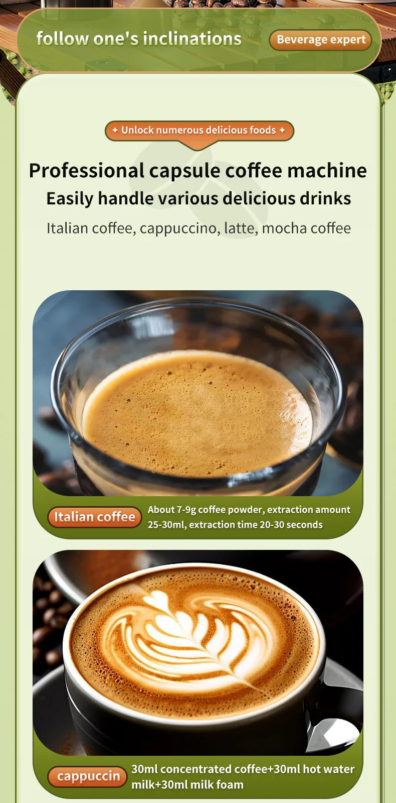 Professional capsule coffee machine making Italian espresso and cappuccino with latte art in glass cups.
