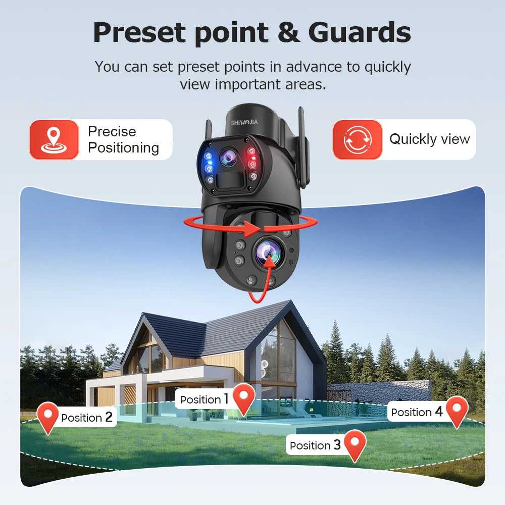 SHIWOJIA 4G Solar Security Camera Outdoor 60X Zoom Dual Screen 10MP WiFi PIR Detection AI Auto Tracking Camera UBOX