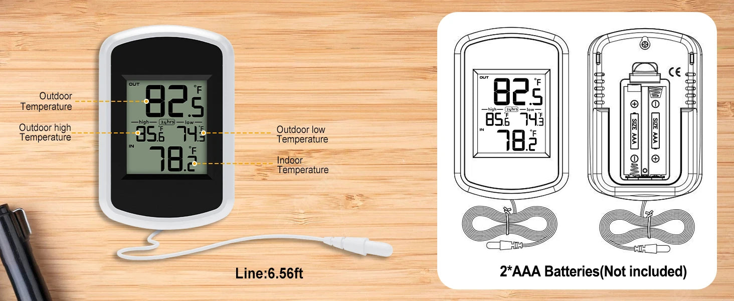 Wired Digital Thermometer Waterproof Indoor Outdoor Temperature Monitor with Min/Max Record 2m Line Probe Sensor for Home Room