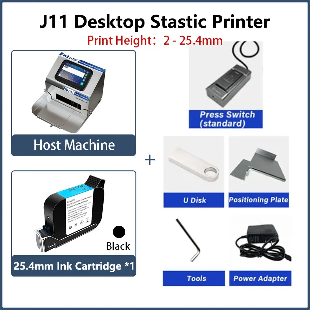 Desktop static inkjet printer packing list with host machine, ink cartridge, and press switch