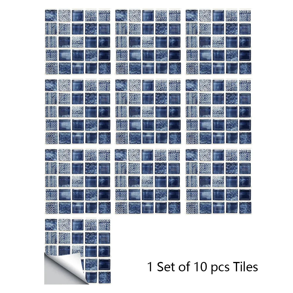 Blue marble mosaic tile stickers, 10-piece set with small square grid pattern