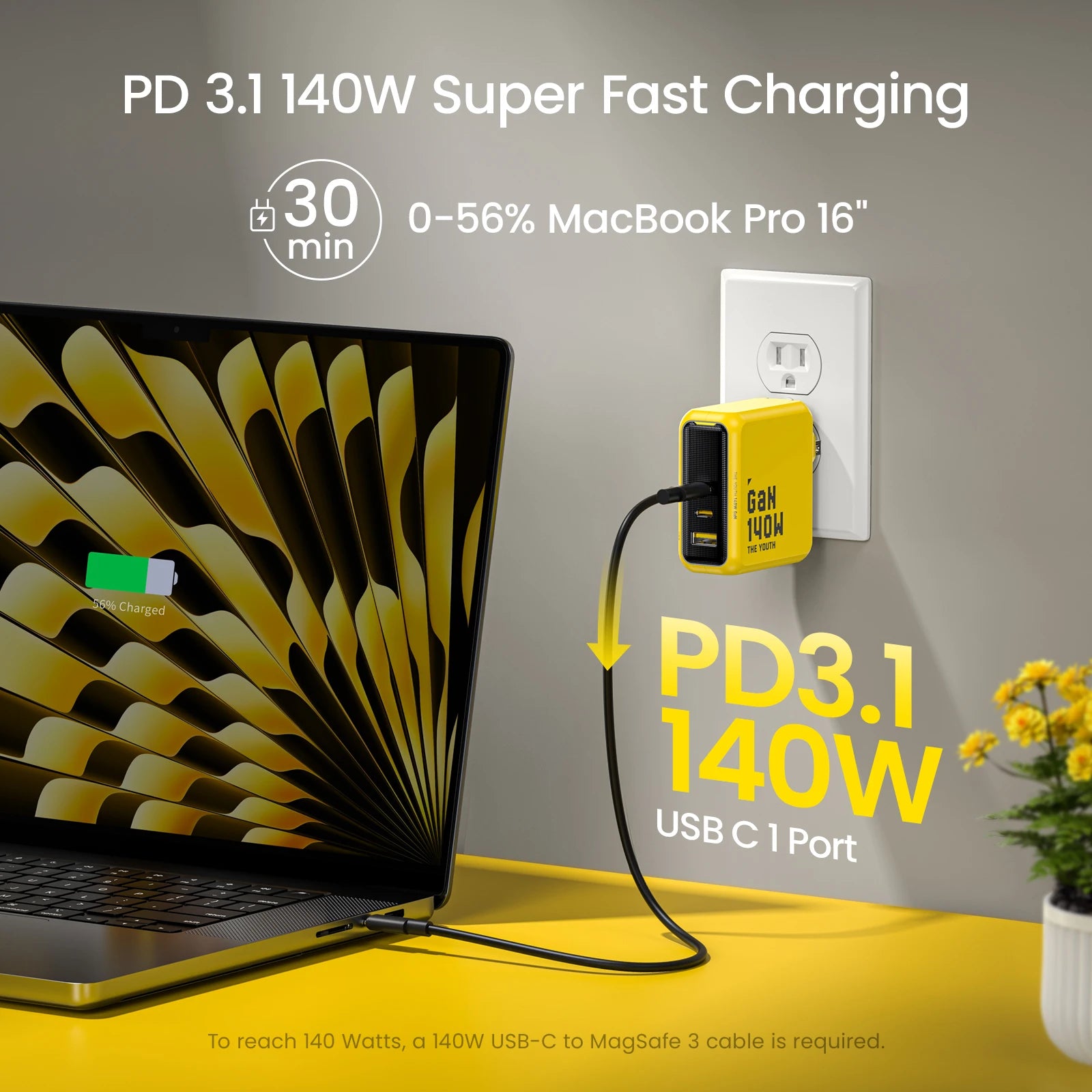 140W GaN USB-C Charger – 3-Port PD3.1 Fast Adapter for Multi-Device Tidesmit