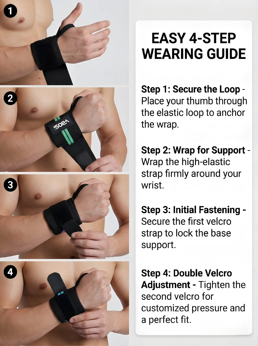 VBOSI Adjustable Wrist Support Brace with Thumb Loop,Heavy Duty Wrist Wraps for Powerlifting, Weight Training&Injury Prevention