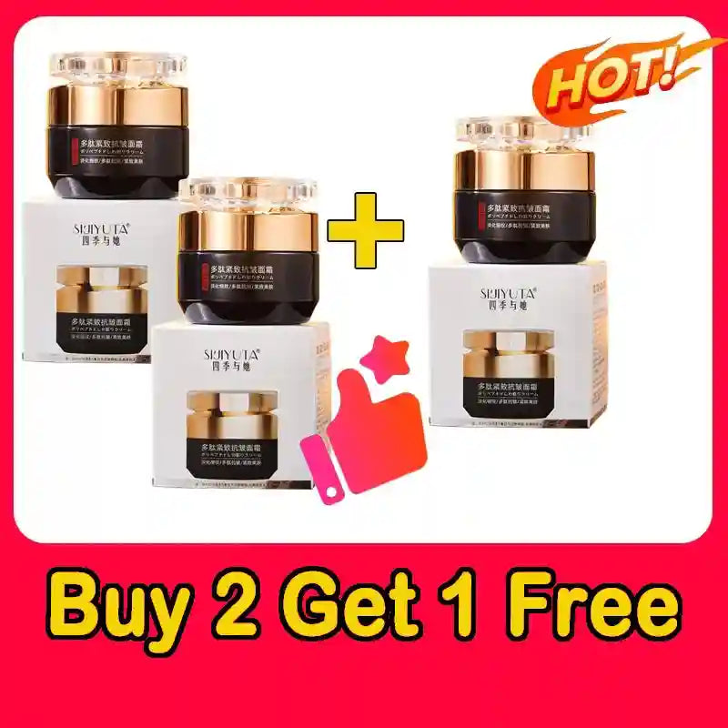 Three black and gold jars of Sijiyuta anti-wrinkle face cream with white product boxes and a "Buy 2 Get 1 Free" sign.
