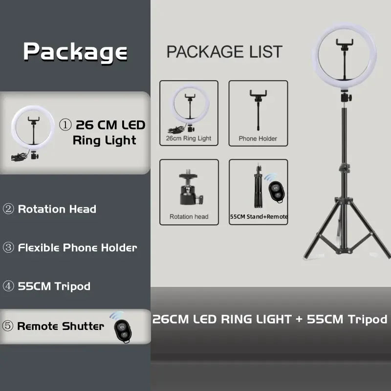 LED Ring Light With Tripod Stand - Dimmable Video Lamp for Content Creation 26Light BK55 Tidesmit