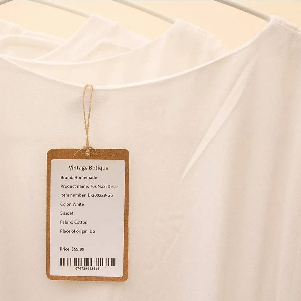Brown hangtag with barcode label, printed on white thermal label paper sticker