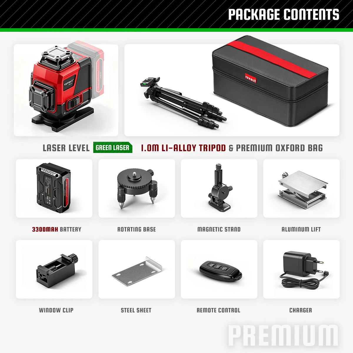 360 green laser level kit with tripod, carrying bag, rotating base, two batteries, remote