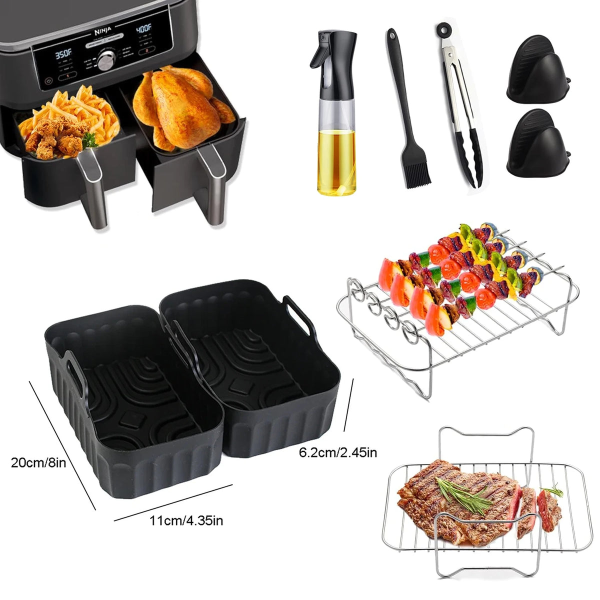 Air fryer accessories set with silicone baking molds, wire rack, brush, and tools