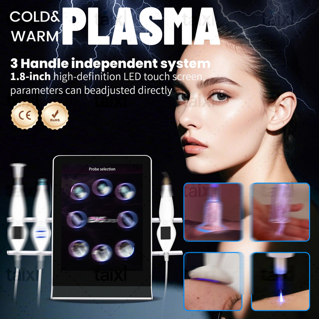 Professional cold hot plasma skin rejuvenation machine with LED touch screen, 3 handles, and facial treatment probes.