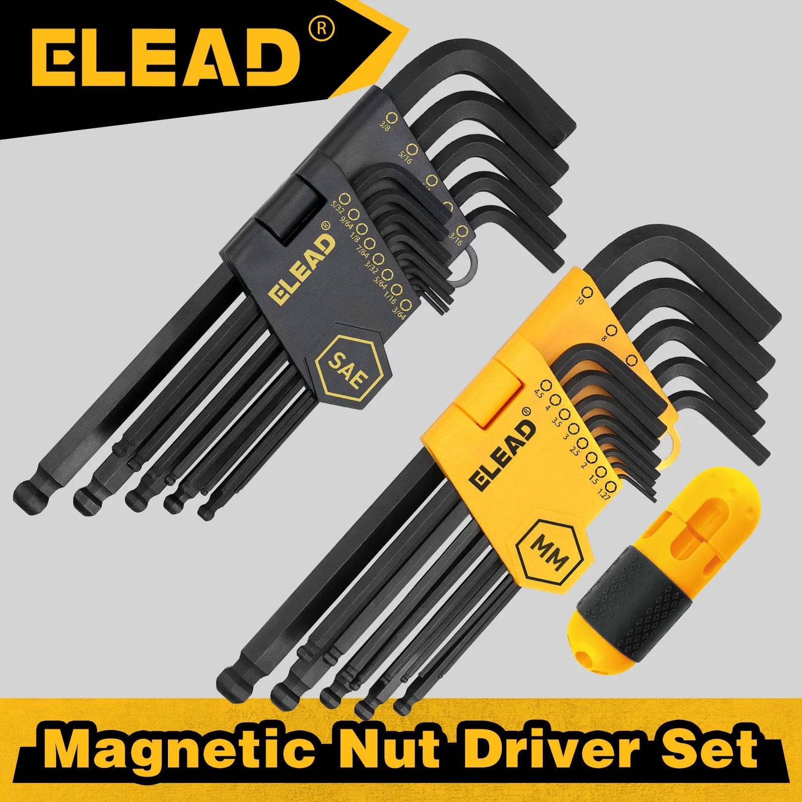 ELEAD 27PCS Hex Key Allen Wrench Set MM SAE Ball End Long Short Arm with Grip Handle Metric 1.27-10mm SAE 3/64"-3/8 with Storage
