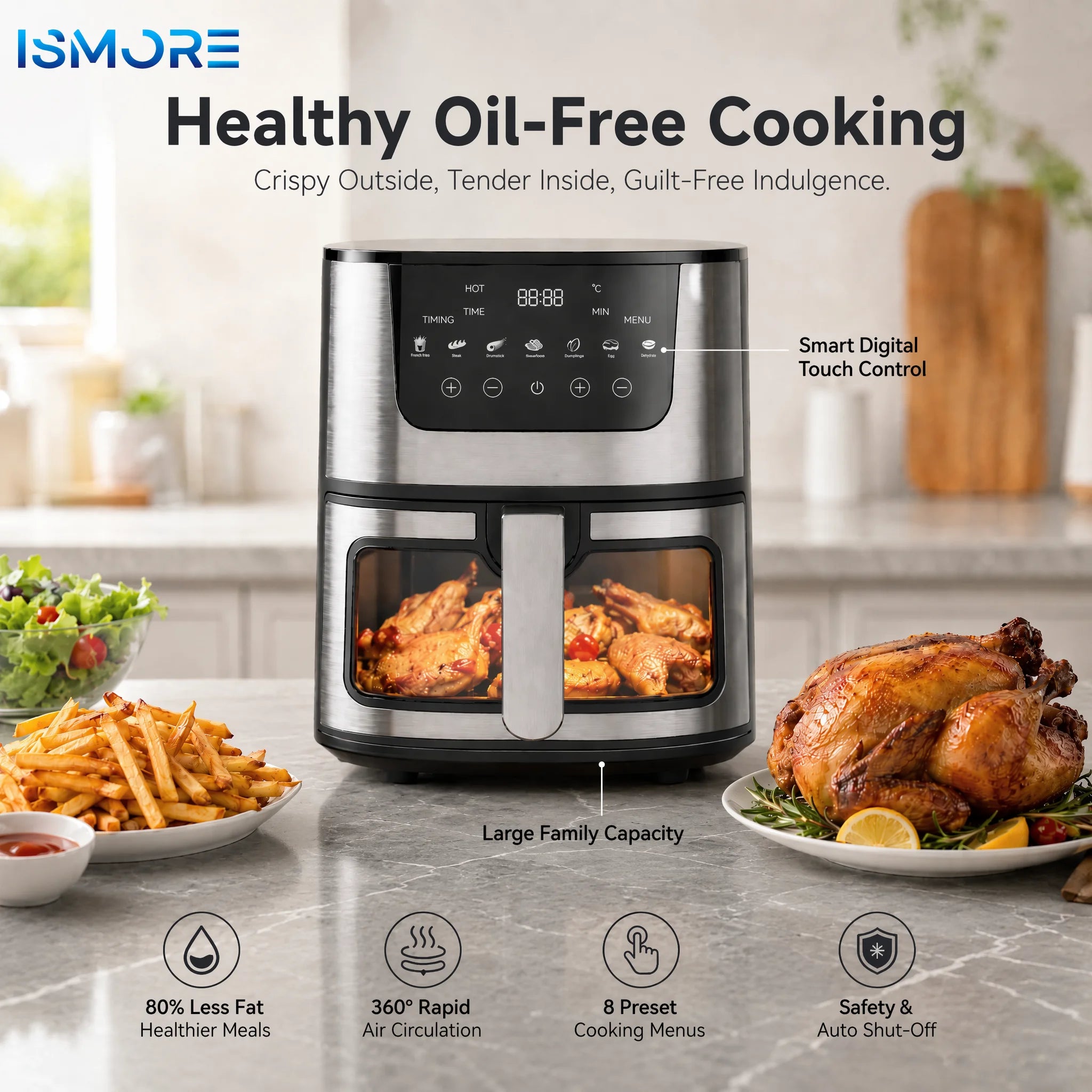 Hot Sales Air Fryer 7L Oil-free Air Fryer 360°Baking Convection Oven Air Fryers For Chicken Wings Fries Chips Healthy Cooker