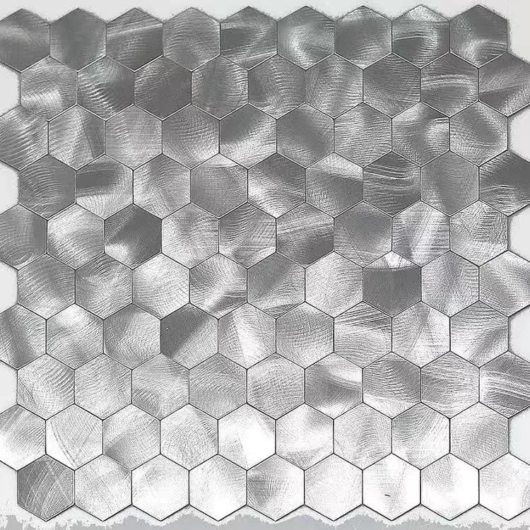 Hexagon peel-and-stick wall tile sheet in brushed silver metallic hex mosaic pattern
