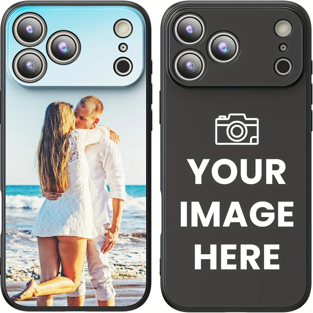 Customizable phone case with camera cutouts; one shows a photo of a couple, the other a placeholder for personalization.