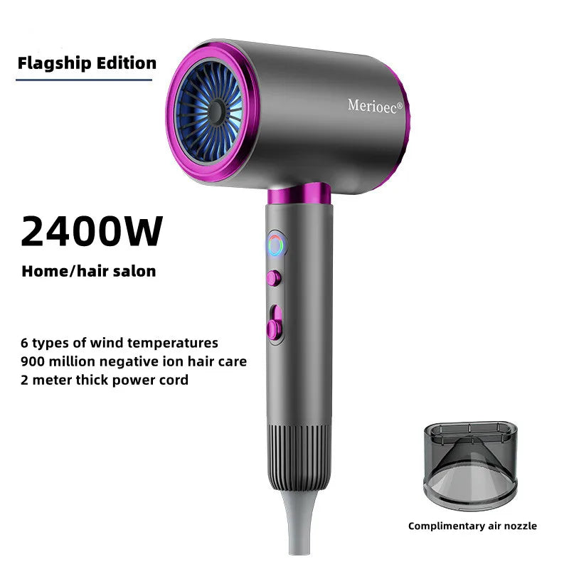 2400W high-speed grey negative ion hair dryer with nozzle attachment for professional salon-quality hair care at home.