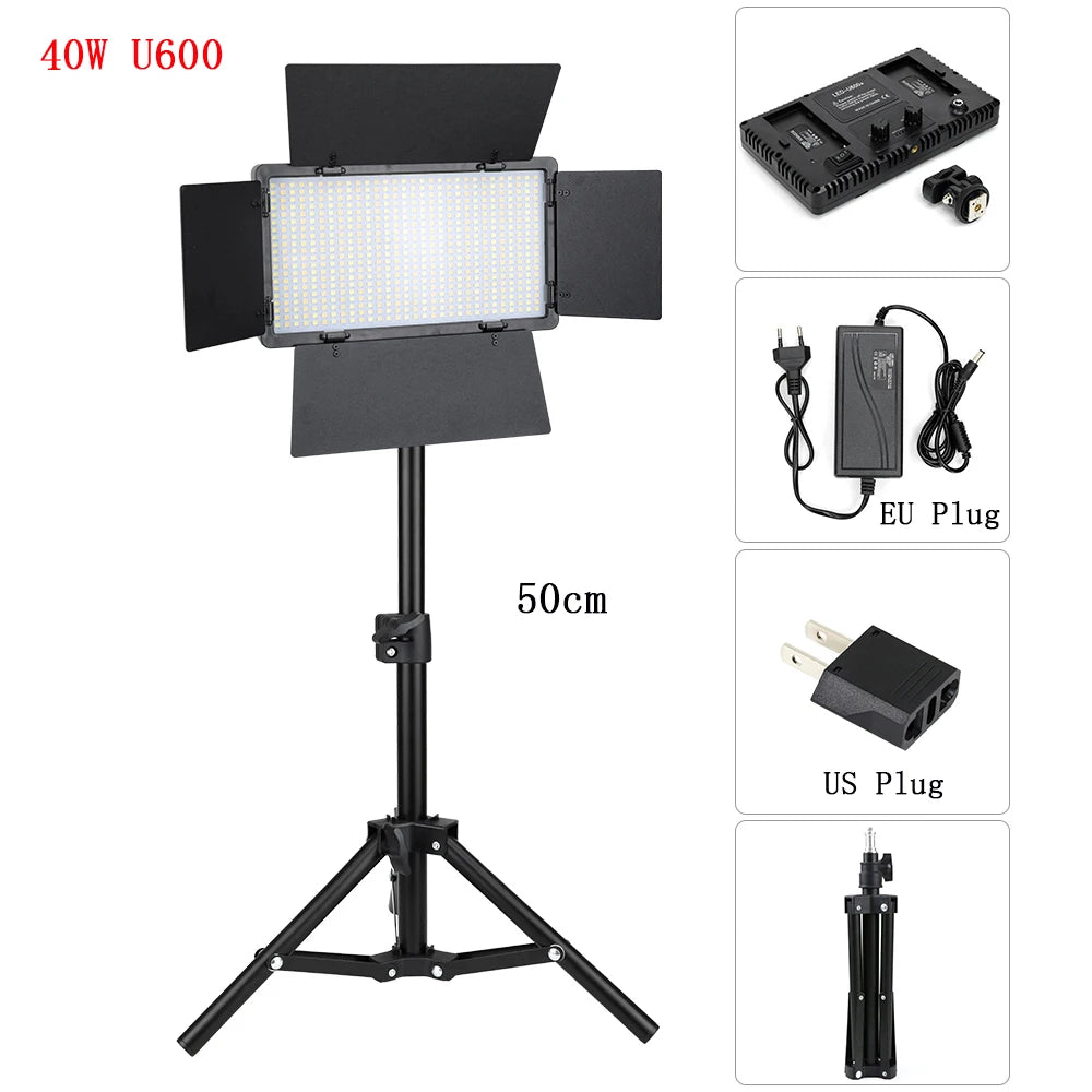 U600 40W LED light panel with adjustable tripod stand, barn doors, power adapter, and plugs for photography lighting.