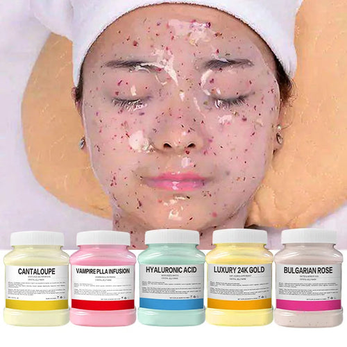 Anti-inflammatory jelly face mask jars in yellow, pink, blue, gold, and white, used for skincare facial treatments.