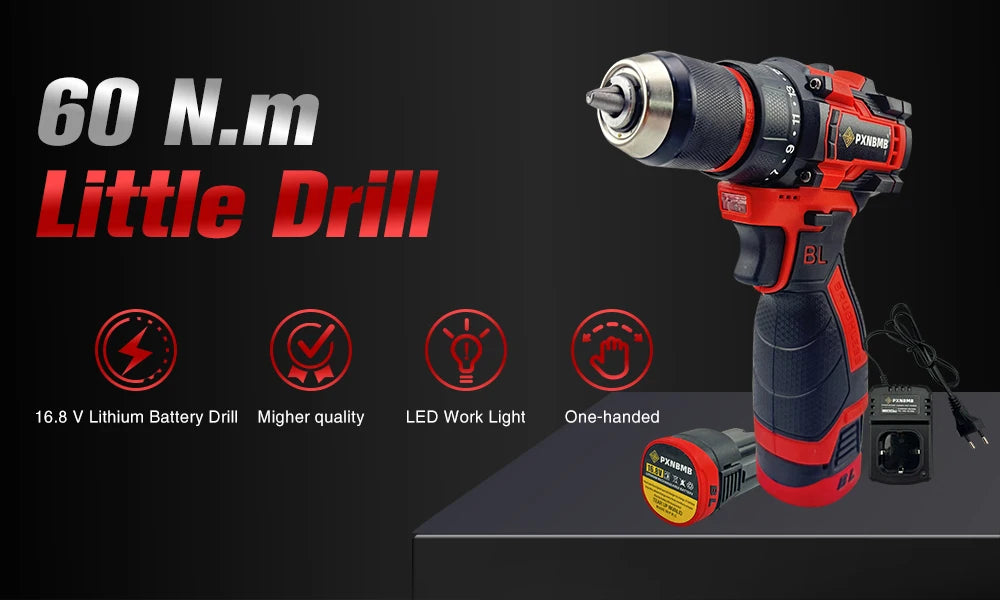 PXNBMB 16.8V 60NM Torque Brushless Electric Drill 10mm Metal Ratchet Chuck Cordless Drill Electric Screwdriver DIY Power Tools