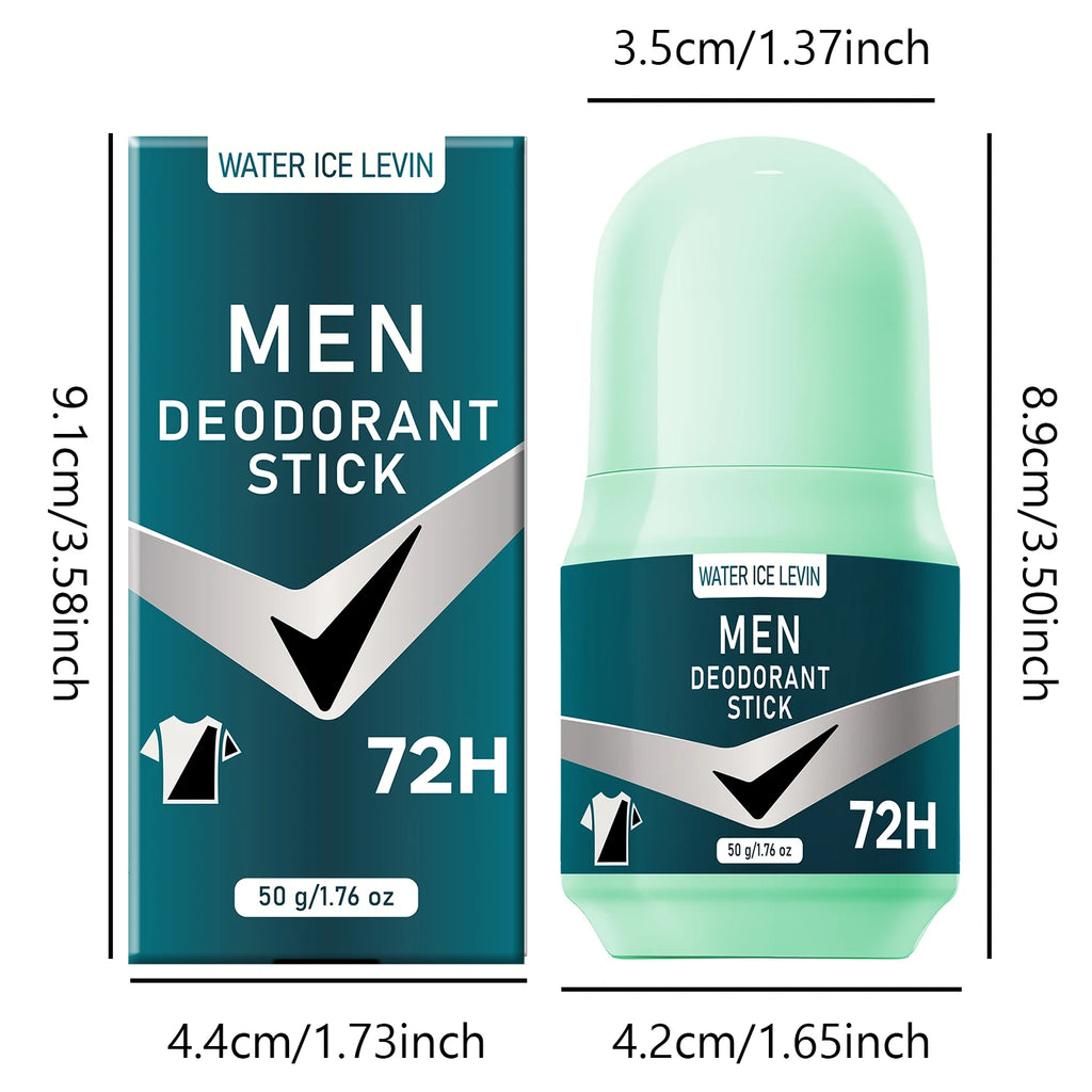 Water Ice Levin 72H men's deodorant stick, teal and mint green packaging with dimension labels. Anti-stain formula.