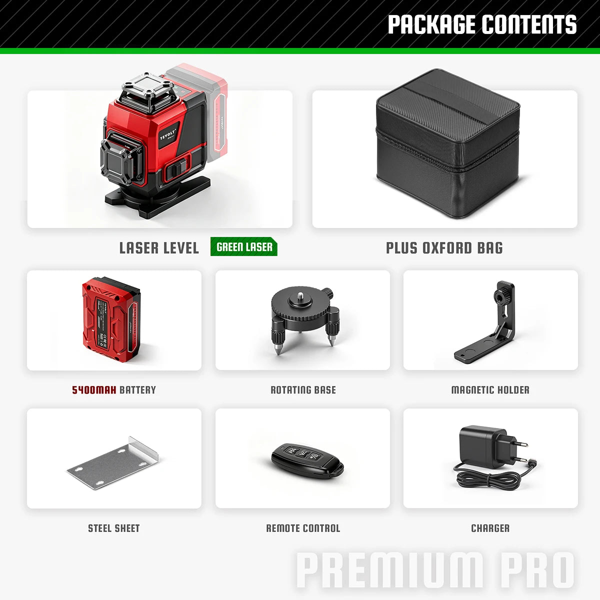 360 green laser level kit with carrying bag, rotating base, magnetic holder, remote, and charger