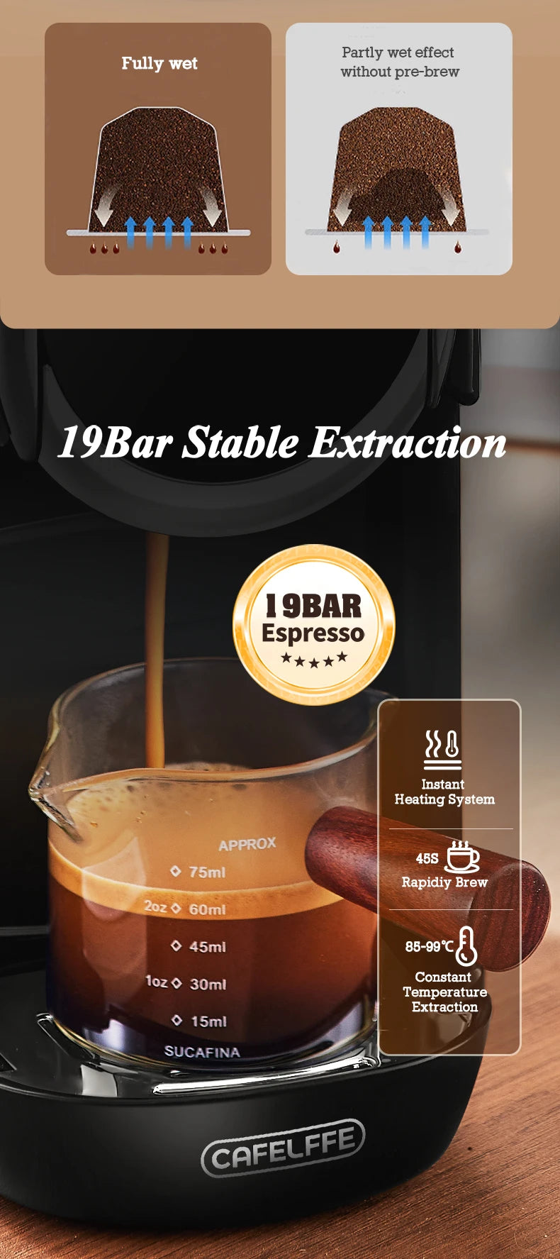 Cafelffe 19-bar black espresso machine with wood-handled glass carafe for rapid, constant-temp coffee extraction.