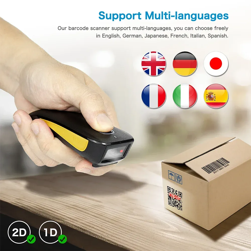 Handheld 2D barcode scanner with yellow accent in a hand near a shipping box