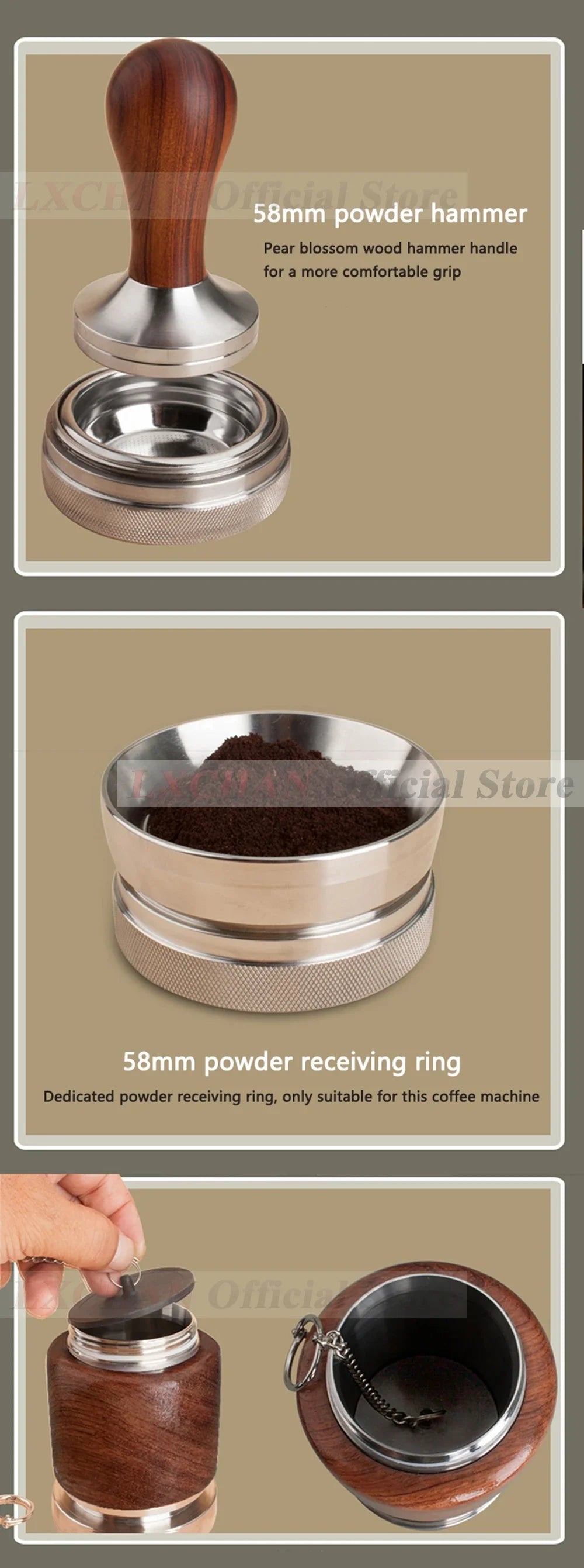 58mm espresso tamper and powder receiving ring set with pear blossom wood handle and stainless steel finish.