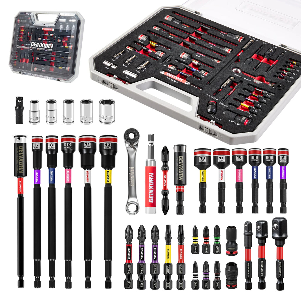 Geinxurn 38Pcs Tools Set Packaged, Socket and Bit Holder, S2 Screwdriver Bits, Nut Driver, Mini Wrech, Quick Change Adapter for