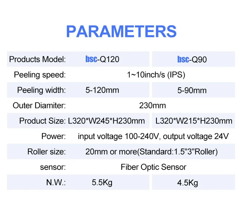 Automatic label stripper product specifications table for model and sensor options.