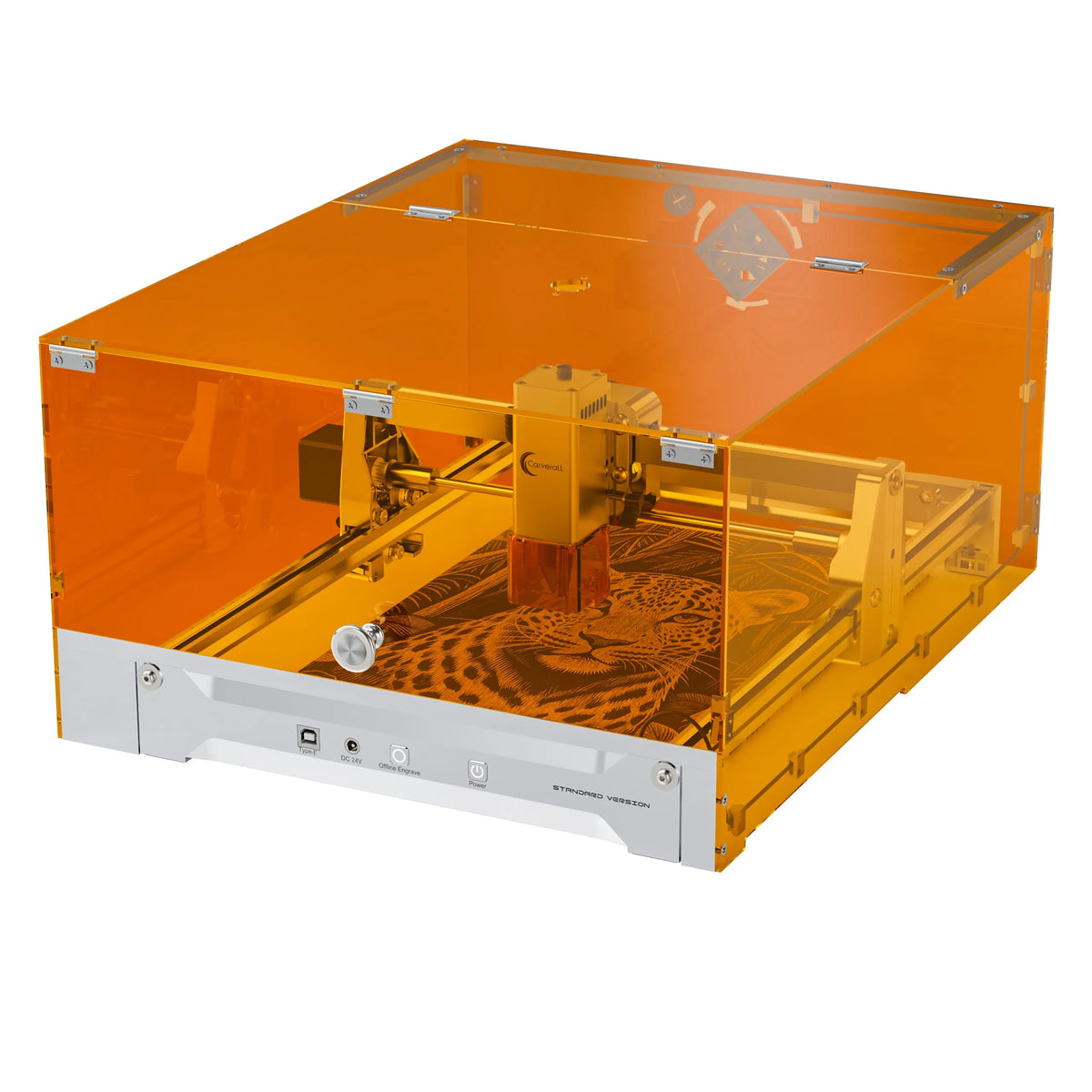 Enclosed diode laser engraver with orange housing, clear lid, and open work bed