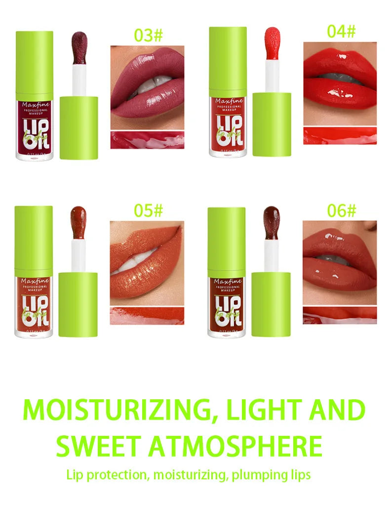 Waterproof high-shine lip gloss set in multiple shades, showing swatches and hydrating, smudge-proof lip application.