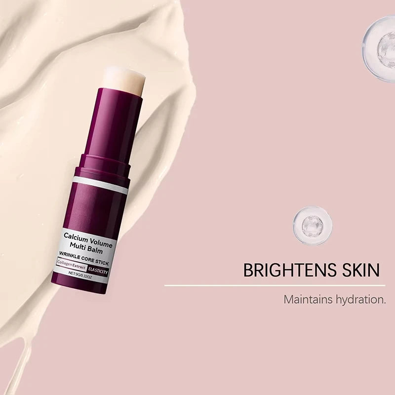 Calcium Volume Multi Balm stick in a dark purple twist-up tube over a background of creamy off-white moisturizer.