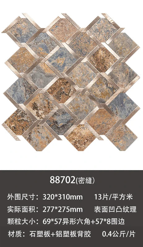 Peel-and-stick mosaic wall tiles, rectangle stone pattern in blue-gray and brown
