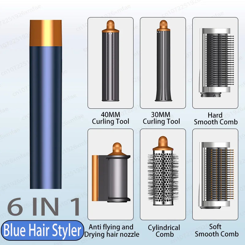 6-in-1 blue high-speed hair dryer with 6 styling attachments, curling wands, and smoothing brushes for fast hair care.
